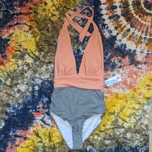 NWT Cupshe Peach/Striped Plunge Halter Ruched One Piece Sz Large